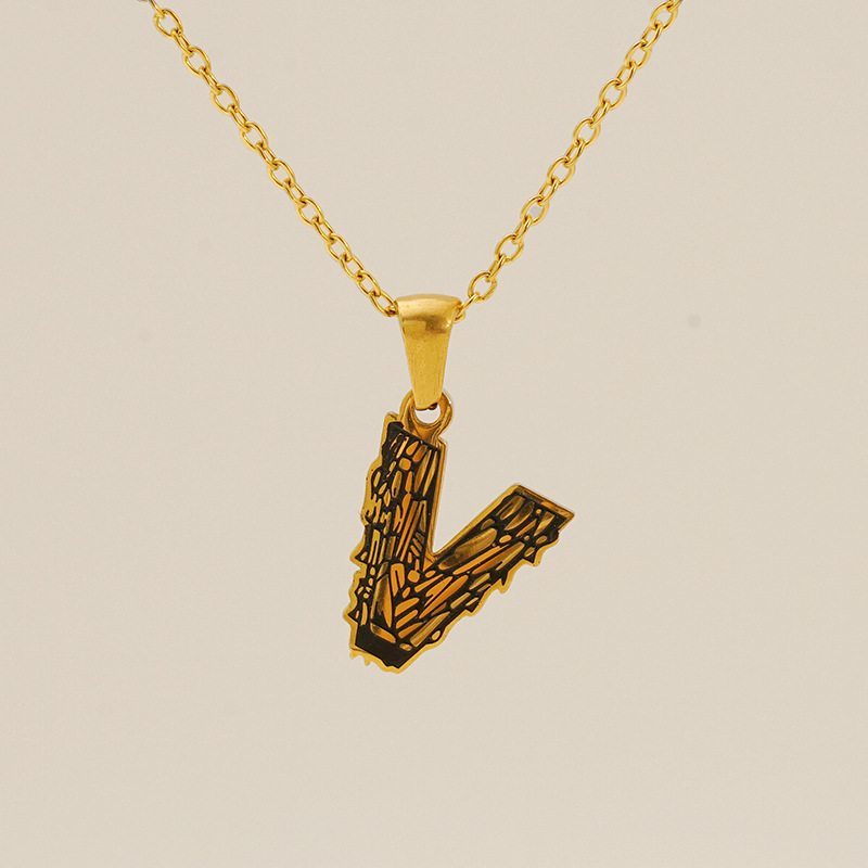 1 Piece Classic Bark Grain Unique Letter V Stainless Steel 18K Gold color Plated Unisex Pendant Necklaces h5 